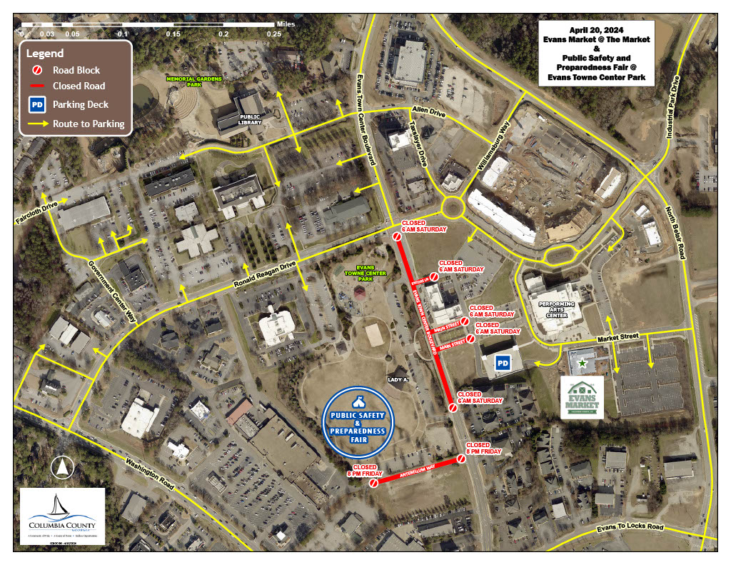 Columbia County announces two temporary road closures in the Evans Towne Center area for the “Public Safety and Preparedness” event.