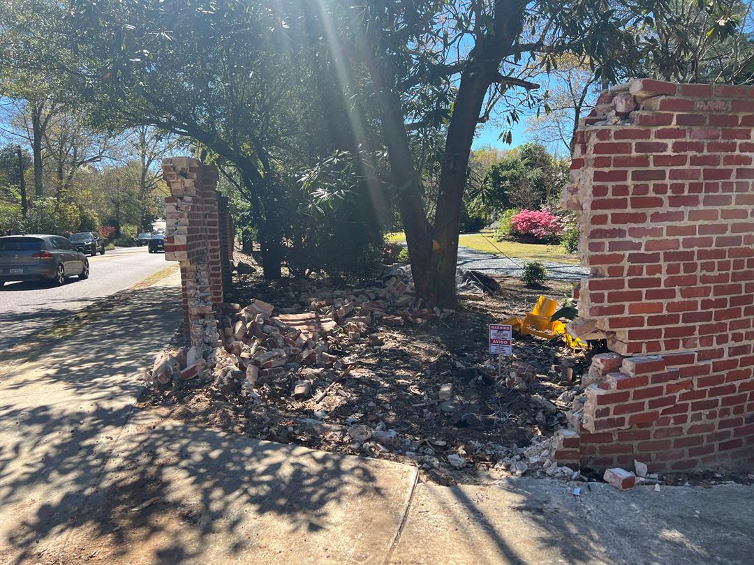 Crashed wall on Whiskey Rd. in Aiken. Photo date: 3/15/23