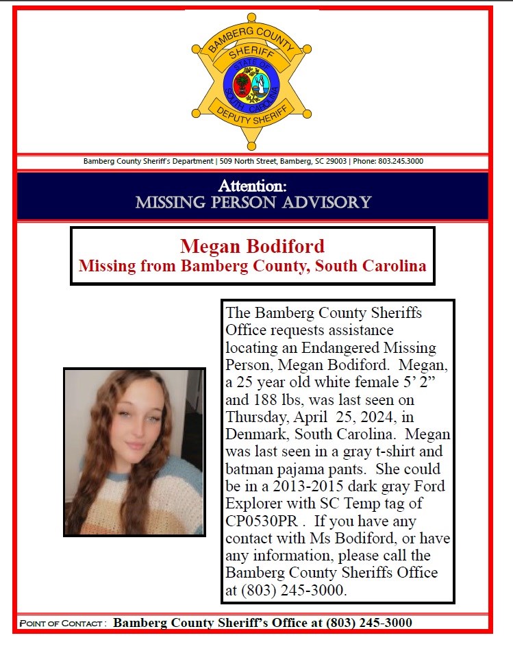 The Bamberg County Sheriff's Office is searching for a missing, endangered 25-year-old woman. (Bamberg County Sheriff's Office)